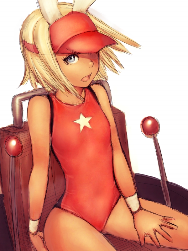 arcana_heart, arcana_heart_2, blonde_hair, blue_eyes, bunny_ears, catherine_kyohbashi, catherine_kyoubashi, dark_skin, flat_chest, hat, humio, one-piece, one-piece_swimsuit, rabbit_ears, short_hair, swimsuit, visor_cap