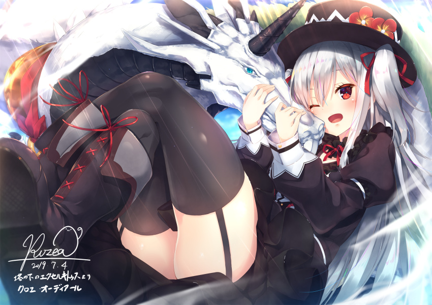 1girl, blush, boots, breasts, chloe_audiard, dragon, feet_out_of_frame, grey_hair, hair_ribbon, highres, long_hair, long_sleeves, looking_at_viewer, medium_breasts, miniskirt, one_eye_closed, open_mouth, red_eyes, red_ribbon, ribbon, skirt, sky, smile, solo, thighs, tou_no_shita_no_exercitus, two_side_up, very_long_hair