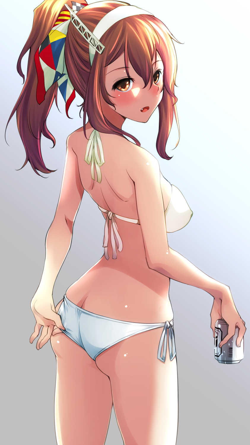 1girl, ashigara_(kantai_collection), ass, beer_can, bikini, brown_eyes, brown_hair, butt_crack