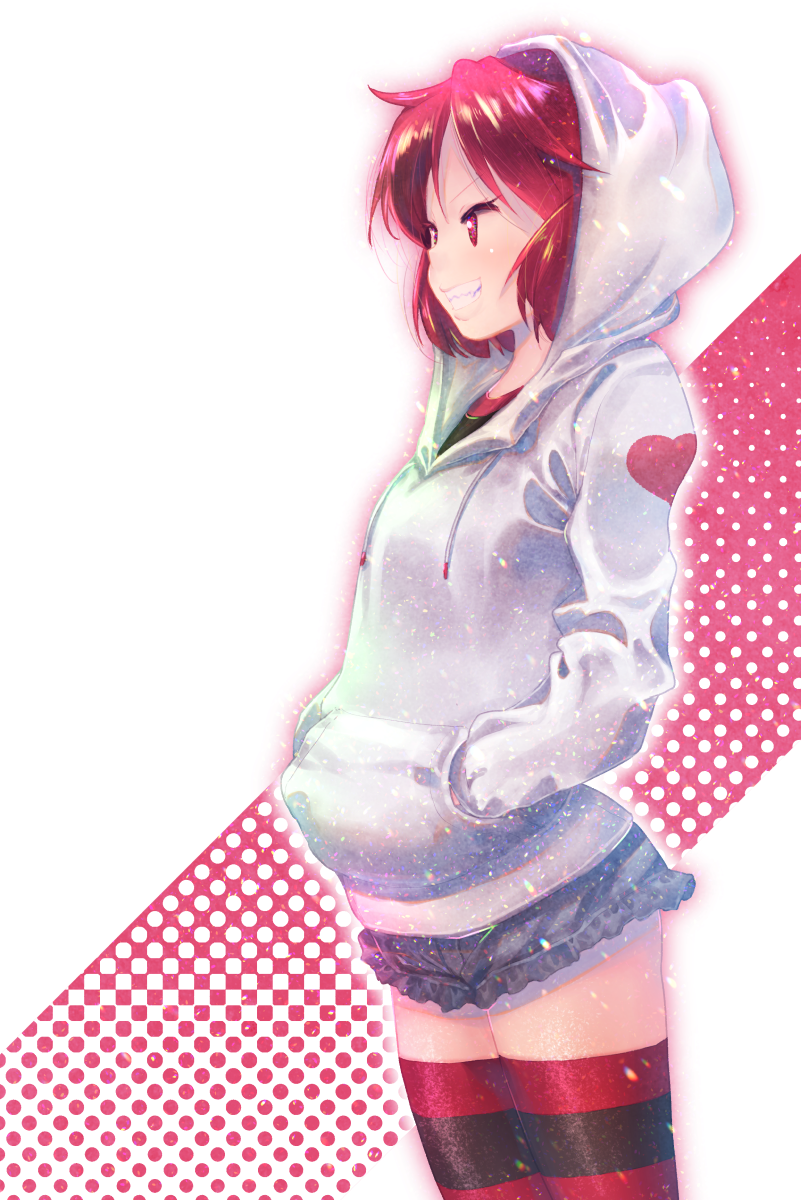 1girl, alternate_costume, commentary_request, drawstring, from_side, grin, hands_in_pockets, heart