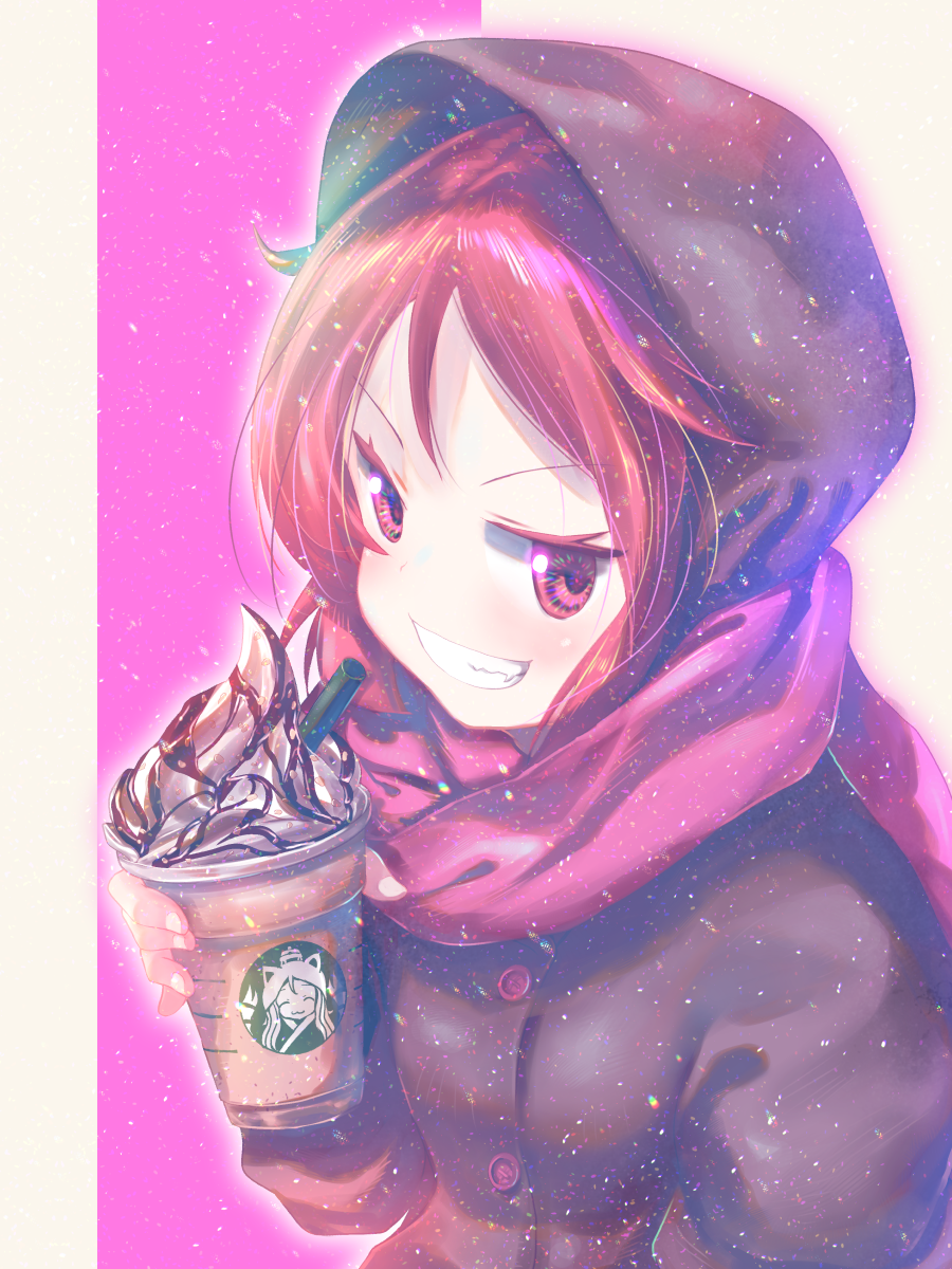 1girl, black_coat, blush, brand_name_imitation, chocolate_syrup, commentary_request, drink, drinking_straw