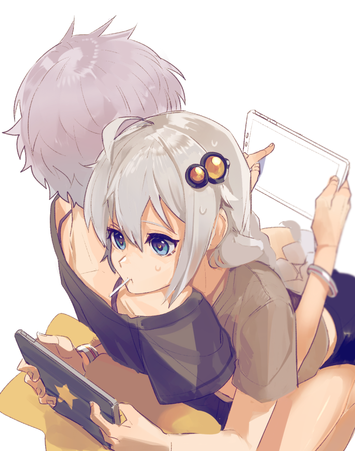 2girls, ahoge, bangs, blue_eyes, bracelet, braid, brown_shirt, chair