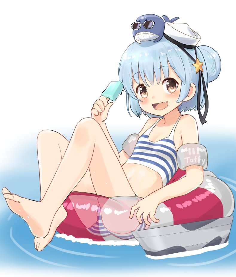 1girl, ahenn, animal, bangs, bikini, black_ribbon, blue_hair, blush