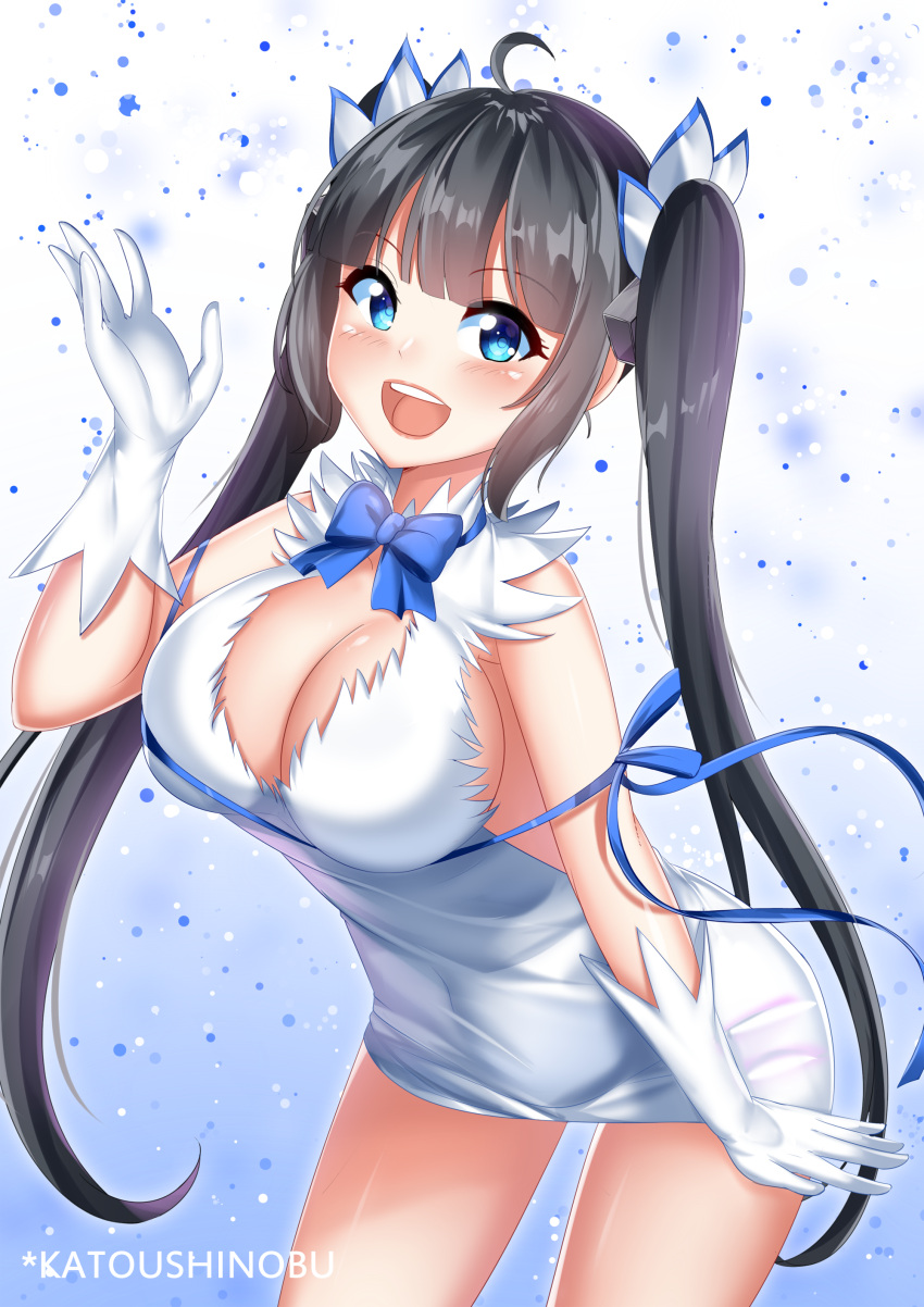 1girl, :d, absurdres, black_hair, blue_eyes, blue_ribbon, breasts, cleavage_cutout