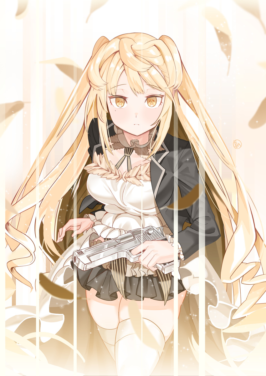 1girl, absurdres, be_garam, blonde_hair, coat, collar, desert_eagle, desert_eagle_(girls_frontline)