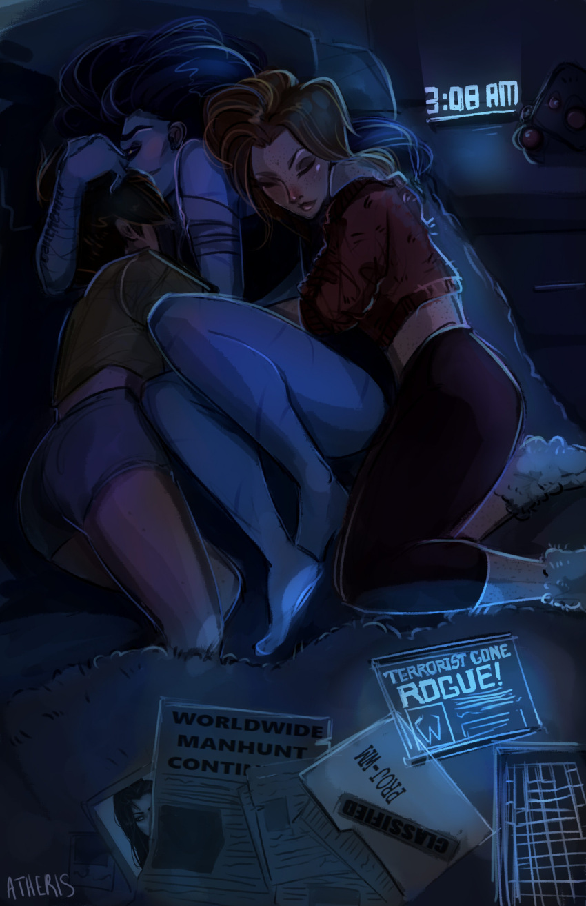 3girls, atheris_(artist), barefoot, bed, emily_(overwatch), freckles, girl_sandwich, highres