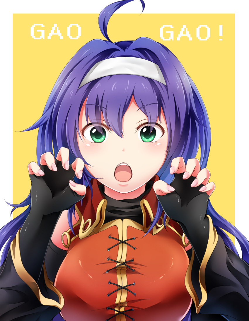 1girl, ahoge, black_gloves, blue_hair, erector_58, fingerless_gloves, fire_emblem, fire_emblem:_akatsuki_no_megami
