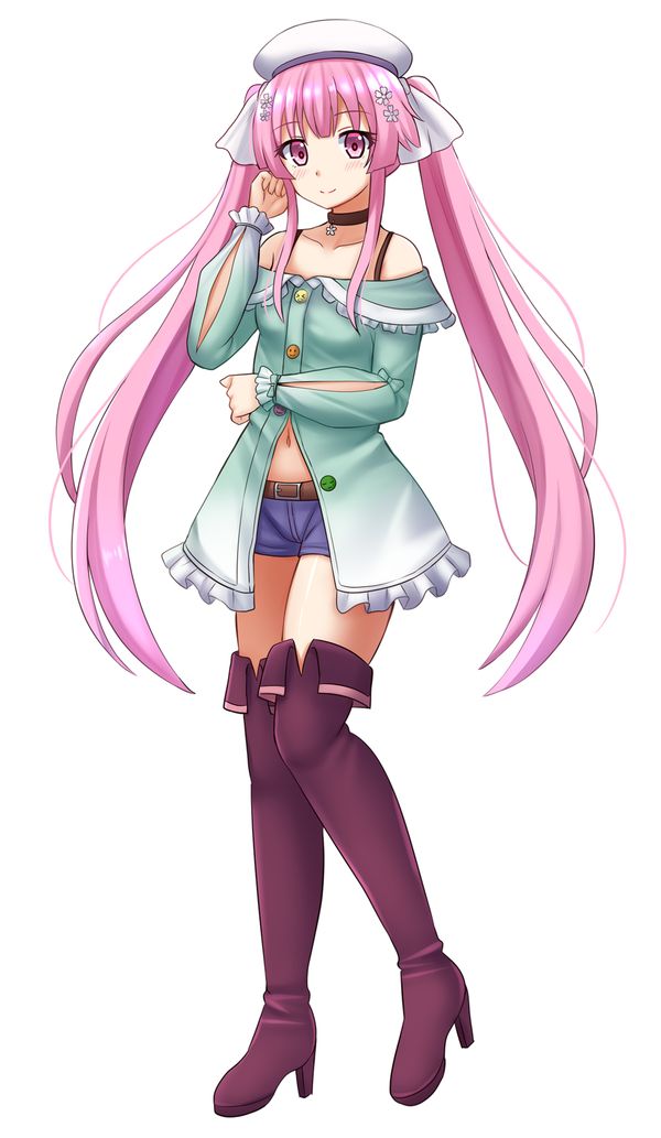 1girl, boots, breasts, commission, flower, hair_flower, hair_ornament, hundred
