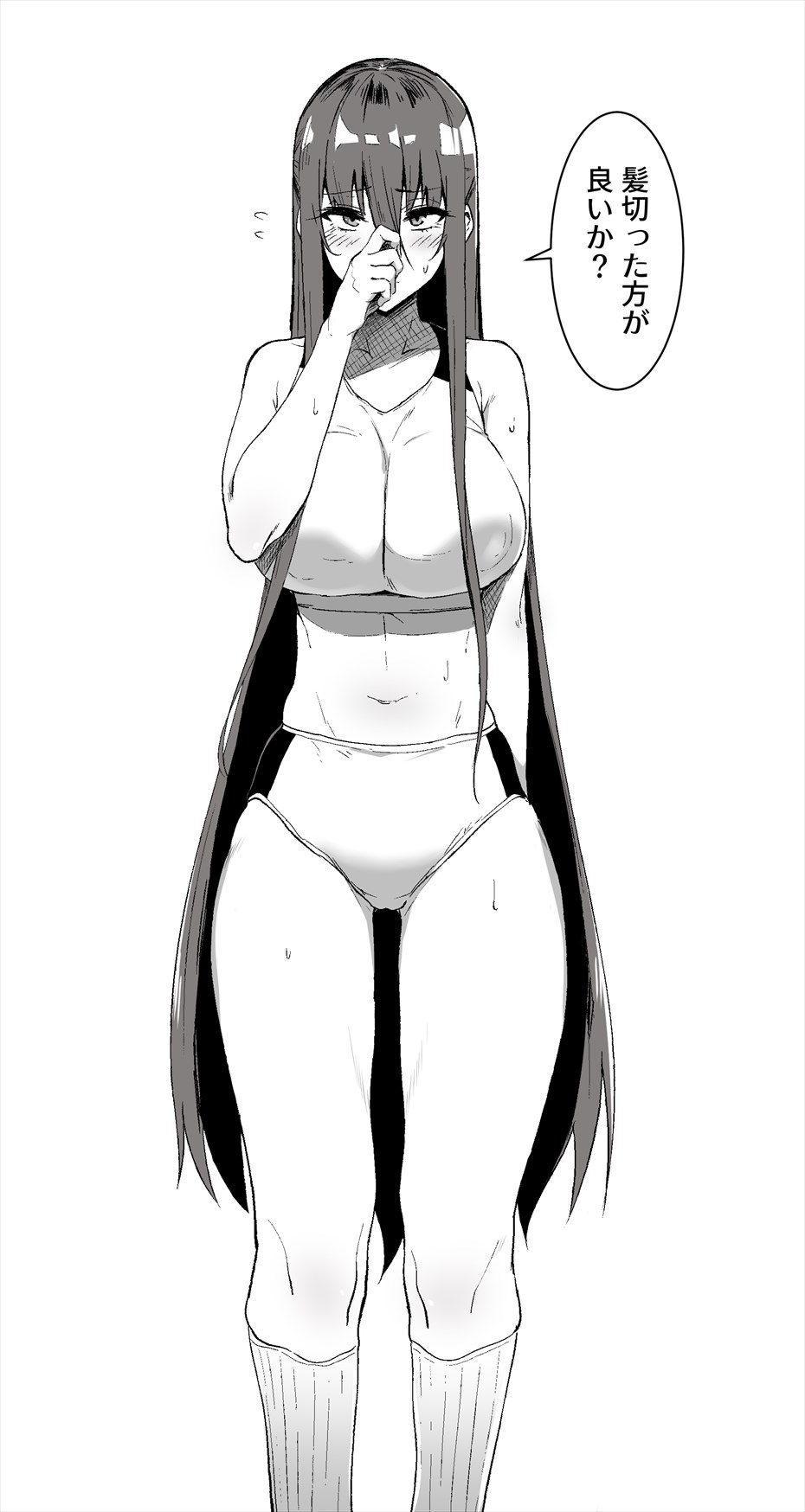 1girl, 298yenomiso, akiyama_rinko, bangs, bare_shoulders, blush, breasts, buruma, flying_sweatdrops, greyscale, hair_between_eyes, hand_over_face, highres, holding, holding_hair, kneehighs, large_breasts, long_hair, looking_at_viewer, midriff, monochrome, navel, simple_background, solo, taimanin_(series), taimanin_yukikaze, thighs, track_uniform, translation_request, very_long_hair, white_background