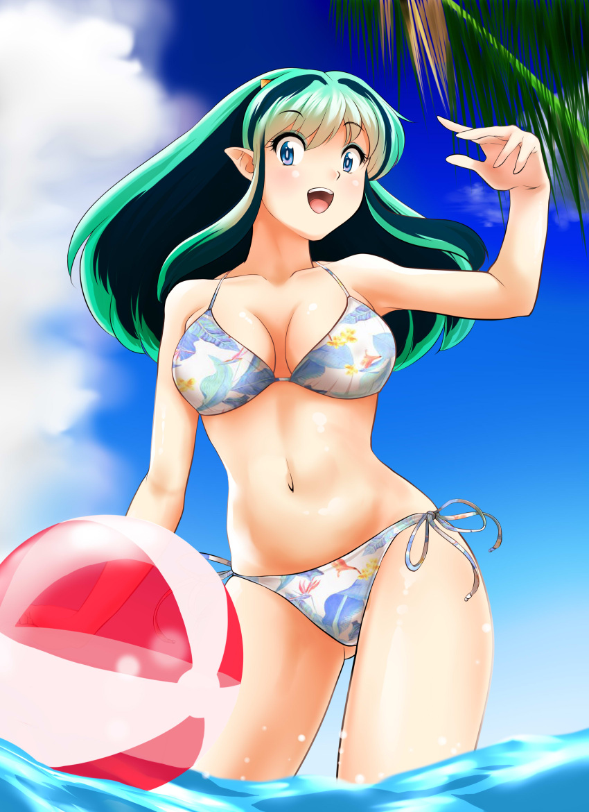 1girl, absurdres, ass_visible_through_thighs, ball, beachball, bikini, blue_eyes, blue_sky