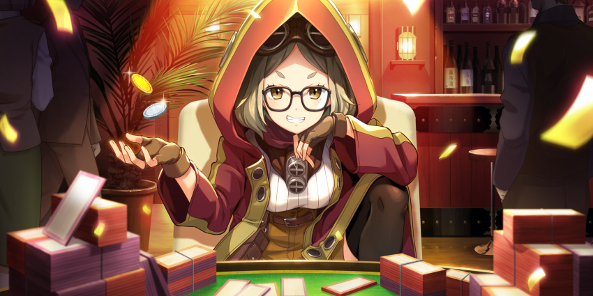 1girl, bar, begg_(kouya_no_kotobuki_hikoutai), belt, black_legwear, casino, casino_card_table, fingerless_gloves, gloves, goggles, goggles_on_head, grin, highres, hooded_coat, knee_up, kouya_no_kotobuki_hikoutai, light_brown_hair, looking_at_viewer, official_art, poker_chip, short_eyebrows, short_hair, shorts, smile, solo_focus, thigh-highs, yellow_eyes