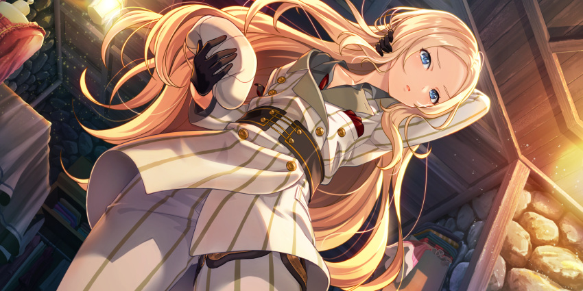 1girl, arm_up, black_gloves, blonde_hair, blue_eyes, book, bookshelf, dutch_angle, from_below, gloves, hat, hat_removed, headwear_removed, highres, indoors, kouya_no_kotobuki_hikoutai, long_hair, looking_at_viewer, official_art, rola_(kouya_no_kotobuki_hikoutai), solo, standing, striped, striped_legwear, vertical-striped_legwear, vertical_stripes, very_long_hair, watermark, white_legwear