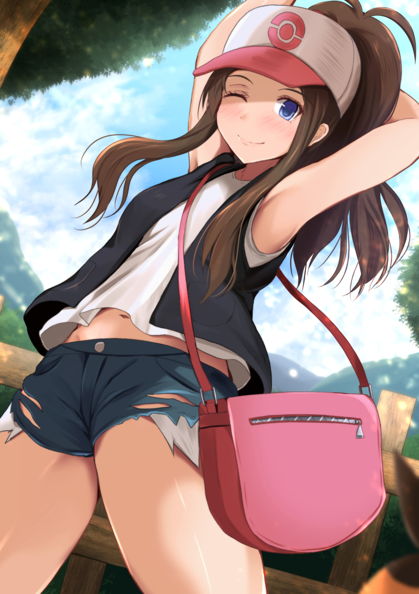 1girl, ;), armpits, arms_up, bag, baseball_cap, blue_eyes, blue_sky, blush, brown_hair, hat, highres, kanzaki_kureha, looking_at_viewer, navel, one_eye_closed, outdoors, pokemon, pokemon_(game), pokemon_bw, ponytail, short_shorts, shorts, sky, sleeveless, smile, solo, standing, stretch, tank_top, touko_(pokemon), tree, vest
