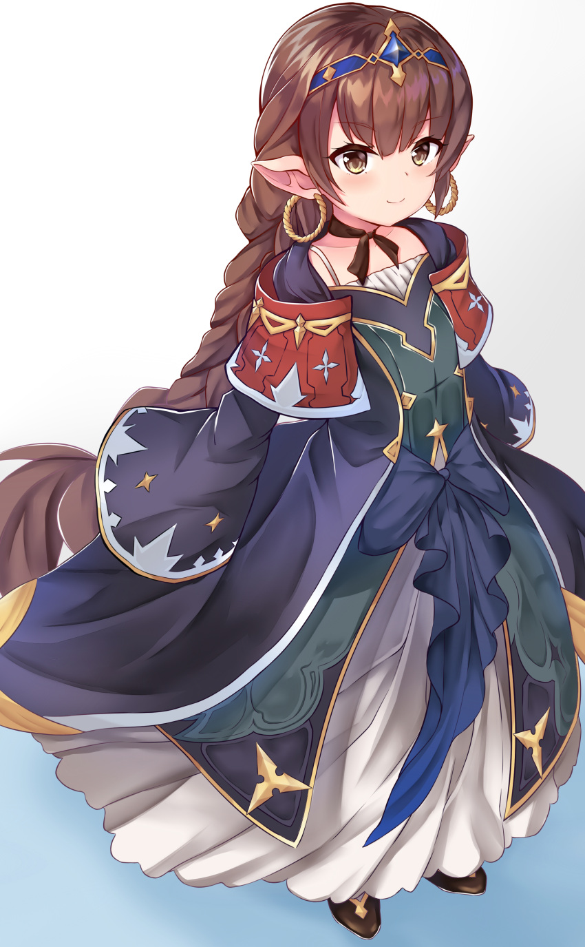 1girl, absurdres, bangs, black_footwear, black_jacket, blue_background, blue_bow, blush, bow, braid, brown_eyes, brown_hair, closed_mouth, collarbone, commentary_request, dress, earrings, eyebrows_visible_through_hair, full_body, gradient, gradient_background, granblue_fantasy, green_dress, grey_background, haaselila, hair_between_eyes, harvin, headpiece, highres, hoop_earrings, jacket, jewelry, long_hair, long_sleeves, looking_at_viewer, open_clothes, open_jacket, pnt_(ddnu4555), pointy_ears, shoes, sidelocks, single_braid, sleeves_past_fingers, sleeves_past_wrists, smile, solo, standing, very_long_hair, white_background, wide_sleeves