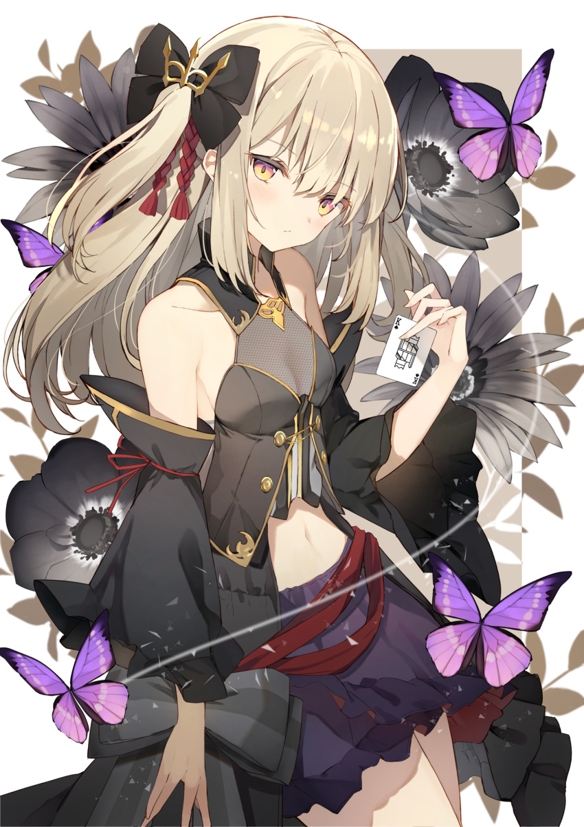 1girl, bangs, bare_shoulders, black_bow, black_flower, black_sleeves, blonde_hair, blush