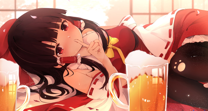 1girl, alcohol, alternate_neckwear, beer, beer_mug, between_legs, black_legwear, blush
