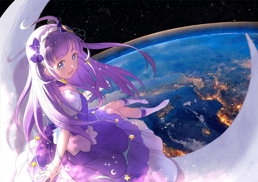 1girl, :d, blue_eyes, boots, crescent_moon, cure_selene, earth, eyebrows_visible_through_hair, hairband, hoshi_(xingspresent), kaguya_madoka, long_hair, looking_at_viewer, magical_girl, moon, open_mouth, planet, precure, purple_hair, purple_skirt, sitting, skirt, smile, solo, space, star_twinkle_precure, white_footwear, wrist_cuffs