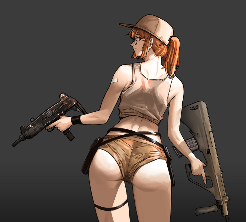1girl, absurdres, ass, assault_rifle, bangs, bare_shoulders, baseball_cap, bullpup, closed_mouth, eyebrows_visible_through_hair, fio_germi, from_behind, glasses, grey_background, gun, hair_between_eyes, hat, highres, holding, holding_gun, holding_weapon, imi_uzi, legs, looking_at_viewer, mecha_musume, medium_hair, metal_slug, military, orange_hair, original, ponytail, rifle, seriousman, shorts, simple_background, solo, standing, steyr_aug, steyr_aug_(upotte!!), strap, submachine_gun, thigh_strap, trigger_discipline, upper_body, weapon