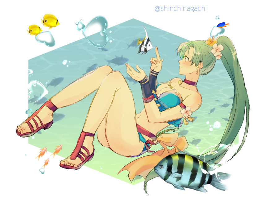1girl, animal, bikini, blue_bikini, breasts, bubble, bubble_heart, cute, female_focus, fire_emblem, fire_emblem:_rekka_no_ken, fire_emblem:_the_blazing_blade, fire_emblem_7, fire_emblem_heroes, fire_emblem_musou, fire_emblem_warriors, fish, flower, flower_on_head, girl, green_eyes, green_hair, hair_ornament, heart, highres, human, intelligent_systems, long_hair, lyn_(fire_emblem), lyndis_(fire_emblem), navel, nintendo, nishimura_(nianiamu), ponytail, sandals, sea_creature, simple_background, smile, solo, super_smash_bros., swimsuit, underwater, water