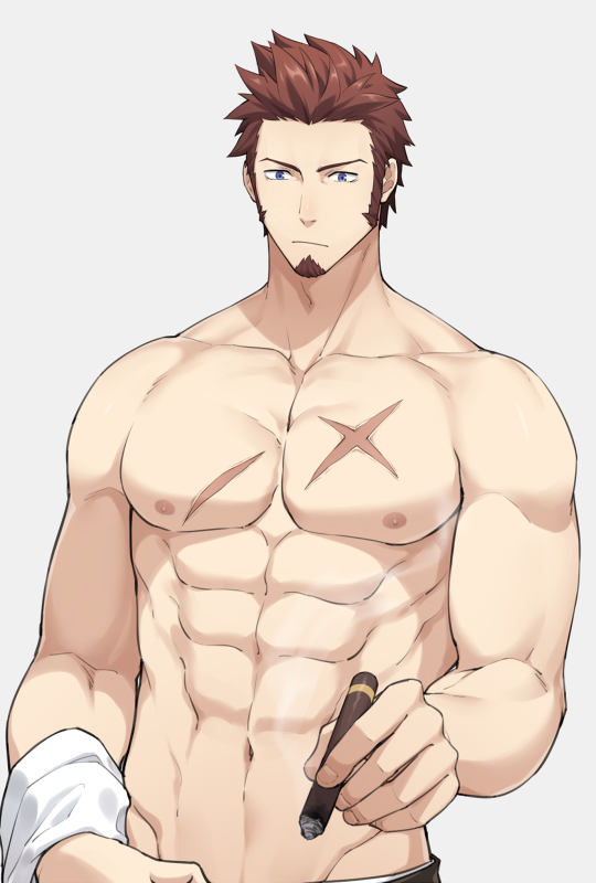 1boy, 47_(479992103), abs, bara, beard, blue_eyes, brown_hair, chest