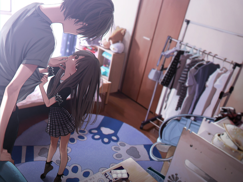 1boy, 1girl, absurdres, black_footwear, black_shirt, black_skirt, brown_eyes, brown_hair, faceless, faceless_male, grey_shirt, hand_on_another's_face, height_difference, highres, honryou_wa_naru, long_hair, original, shirt, shirt_grab, short_hair, skirt, socks, tiptoes