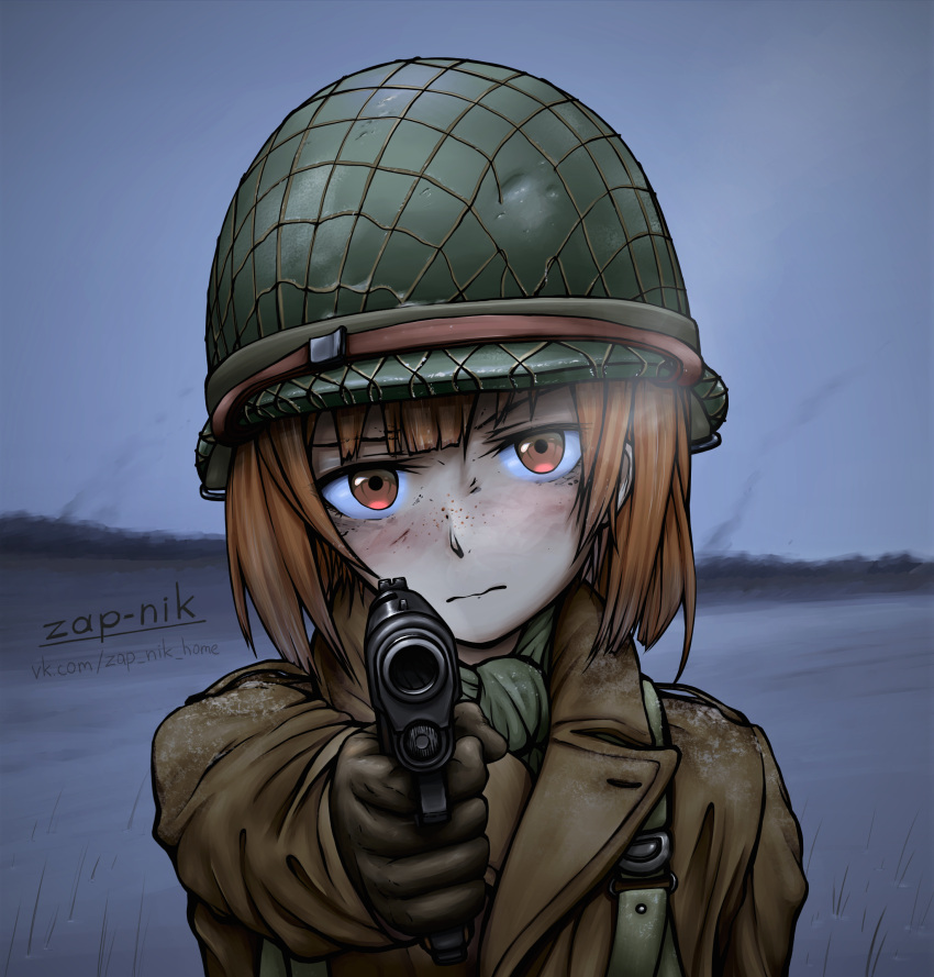 1girl, aiming_at_viewer, breath, brown_eyes, brown_hair, commentary, gun, handgun
