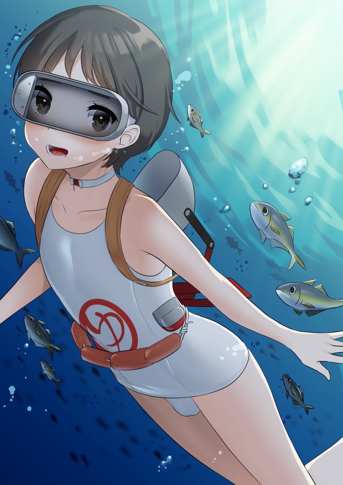 1girl, 6+others, bangs, black_hair, brown_eyes, choker, diving, diving_mask, diving_mask_on_head, flotation_belt, highres, kantai_collection, light_rays, looking_at_viewer, lower_teeth, maru-yu_(kantai_collection), mizuki_eiru_(akagi_kurage), multiple_others, open_mouth, parted_bangs, school_swimsuit, short_hair, sunbeam, sunlight, swimsuit, underwater, white_choker, white_school_swimsuit, white_swimsuit