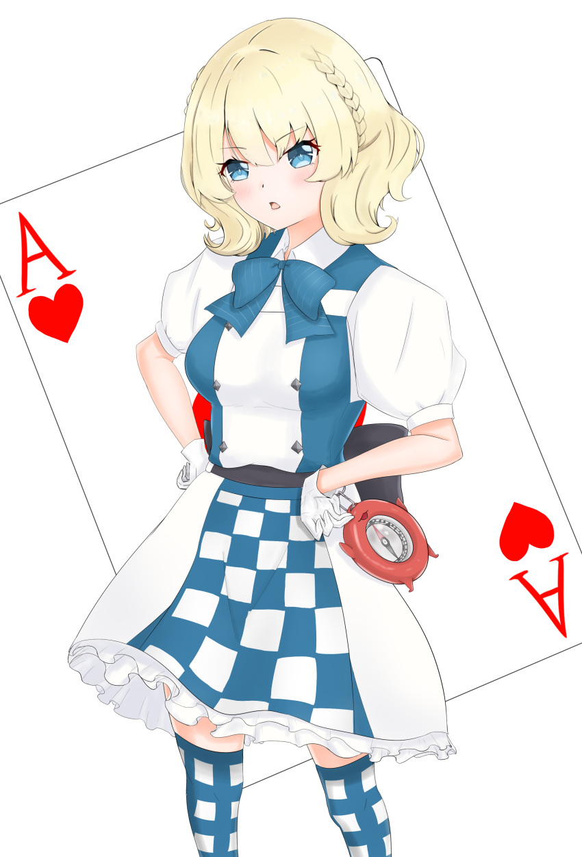 1girl, absurdres, blonde_hair, blue_eyes, card, checkered, checkered_skirt, chestnut_mouth