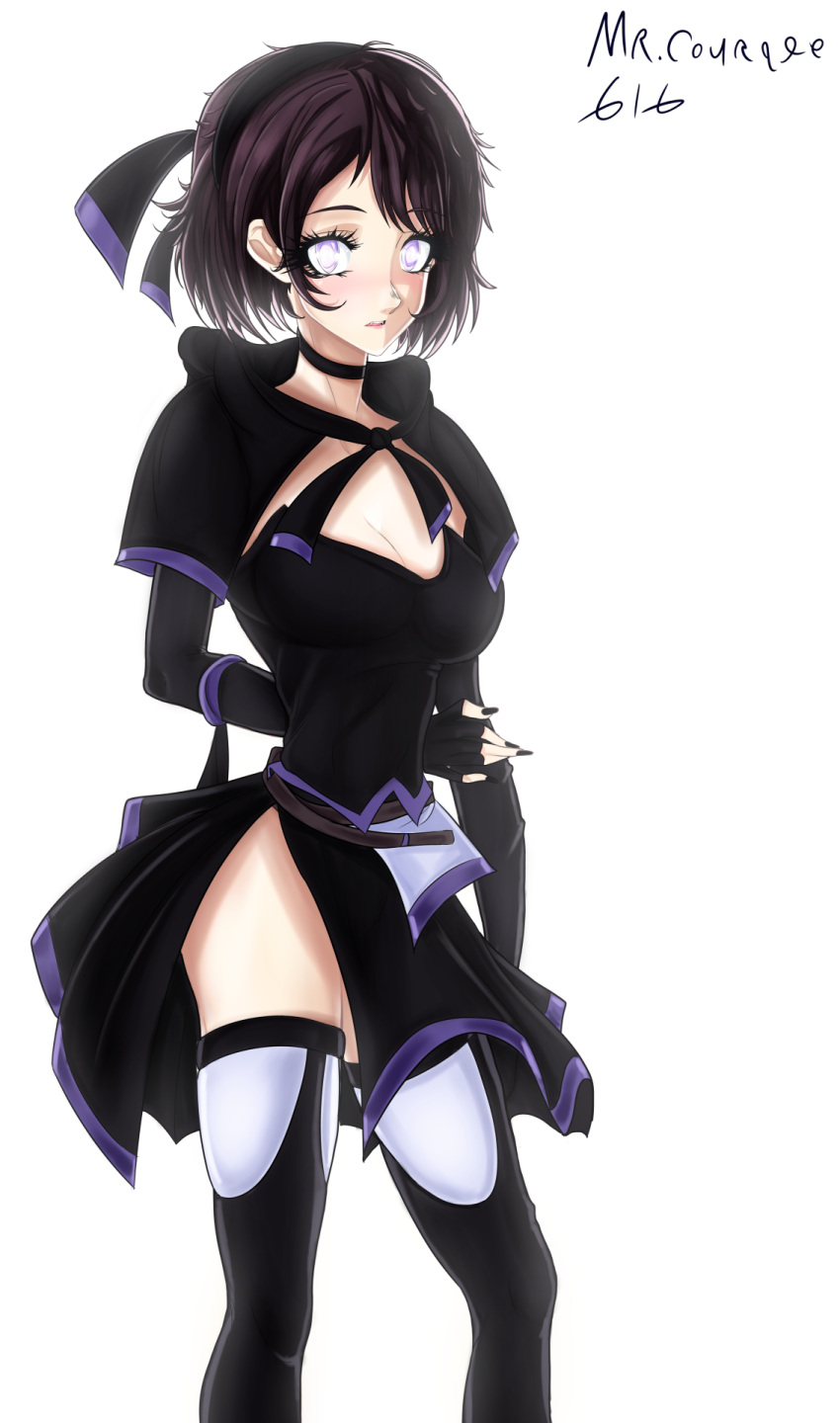 1girl, bangs, black_dress, black_gloves, black_legwear, black_skirt, blush, breasts