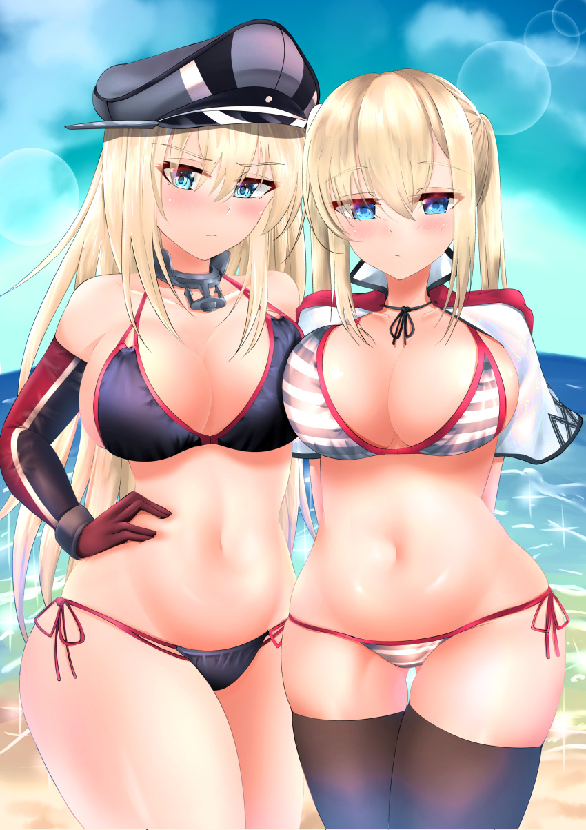 2girls, absurdres, balut-man, beach, bikini, bismarck_(kantai_collection), black_bikini, black_legwear