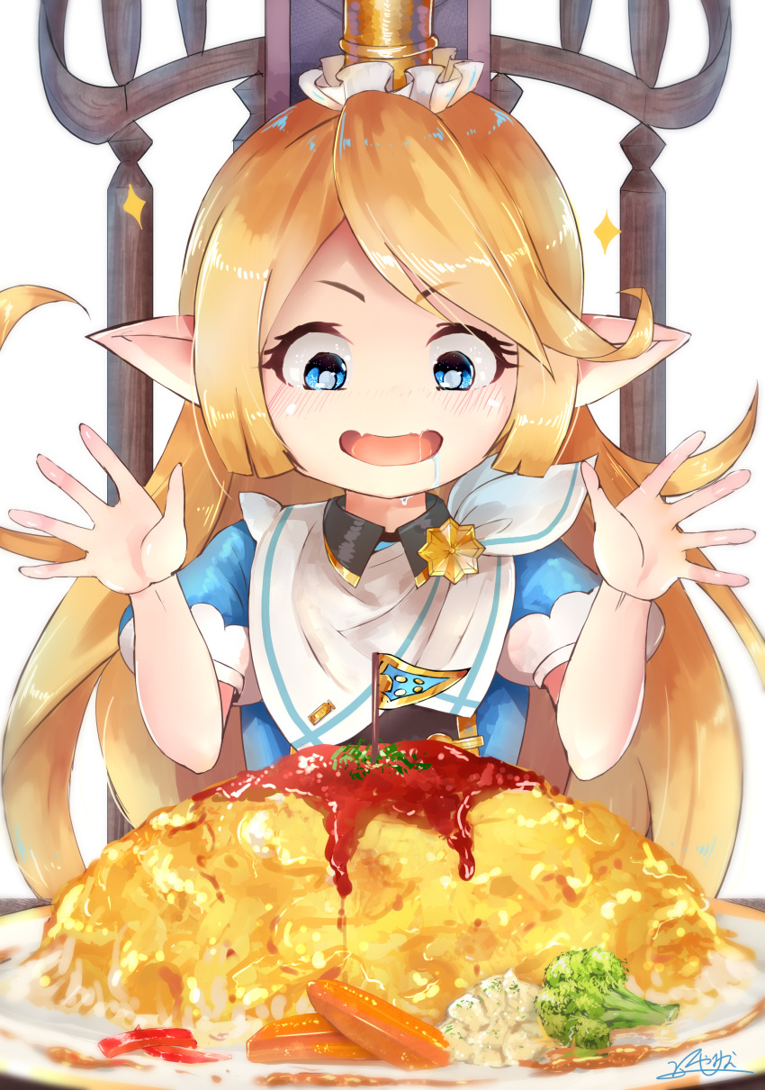 1girl, :d, absurdres, blonde_hair, blue_eyes, blush, broccoli, carrot