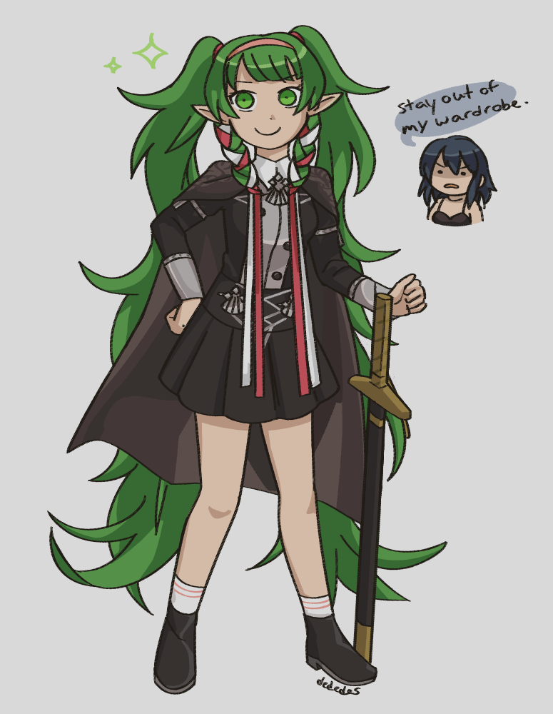 2girls, artist_name, black_cape, blue_hair, braid, byleth, byleth_(female), byleth_(female)_(cosplay), cape, closed_mouth, cosplay, dededes, fire_emblem, fire_emblem:_three_houses, full_body, green_eyes, green_hair, grey_background, long_hair, long_sleeves, medium_hair, multiple_girls, pointy_ears, scabbard, sheath, sheathed, shoes, simple_background, skirt, smile, socks, sothis, sword, twin_braids, uniform, weapon, white_legwear