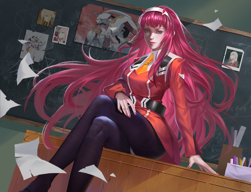 1girl, absurdres, bangs, belt, breasts, chalk, chalkboard, crossed_legs