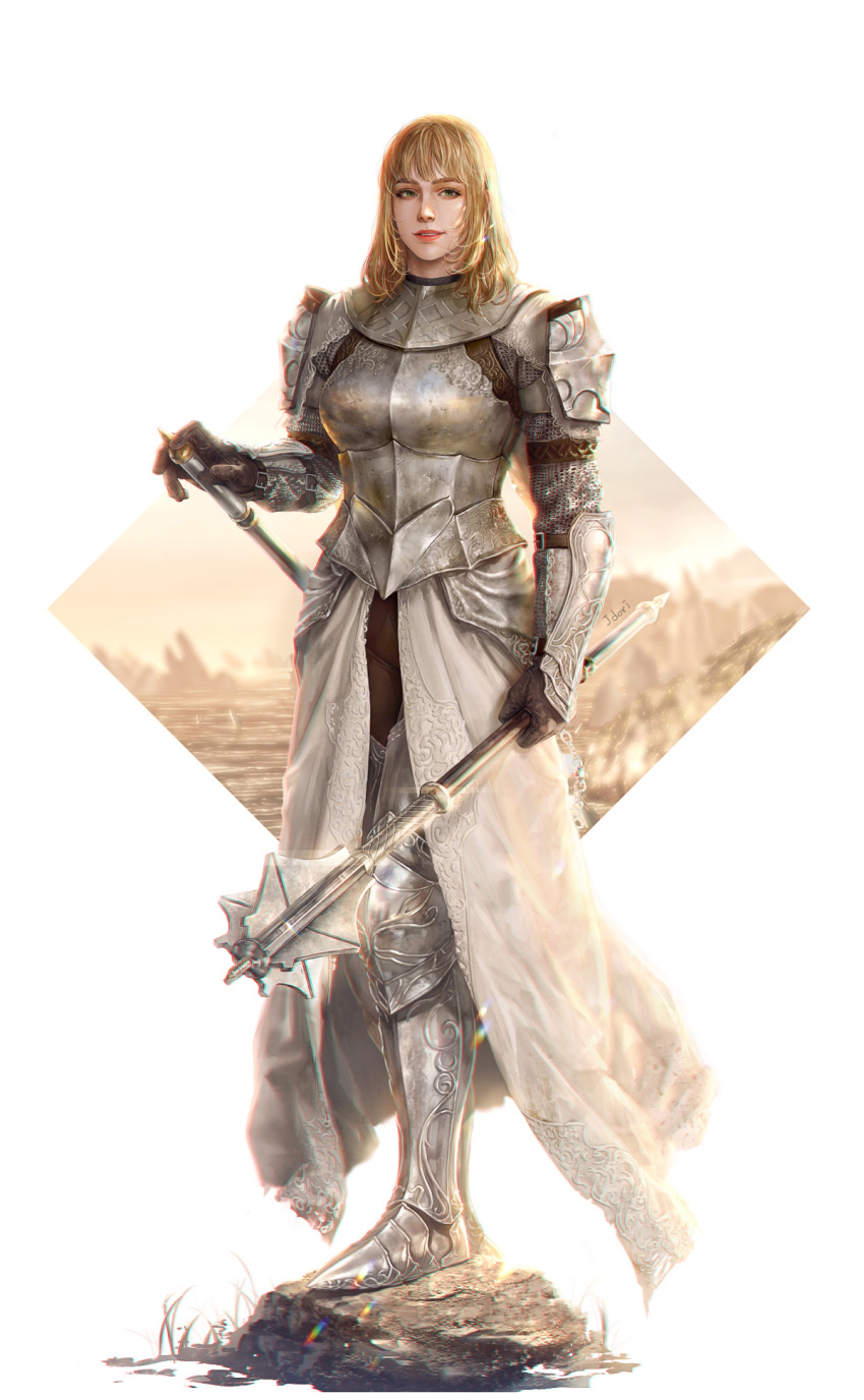 1girl, arm_belt, armor, artist_name, bearer_of_the_curse, blonde_hair, boots, chainmail