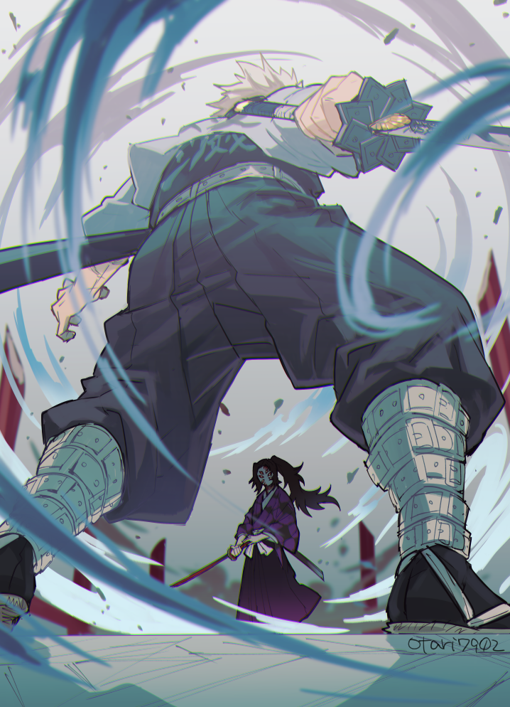 2boys, belt, black_legwear, blood, commentary, fighting_stance, indesign, japanese_clothes, katana, kimetsu_no_yaiba, kokushibou, long_hair, male_focus, multiple_boys, ponytail, sandals, sheath, shinazugawa_sanemi, spiky_hair, spoilers, sword, twitter_username, weapon, white_hair, wind