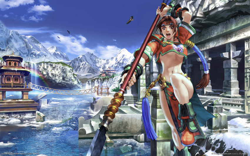 breasts, bridge, east_asian_architecture, fighting_stance, halberd, headband, kawano_takuji, midriff