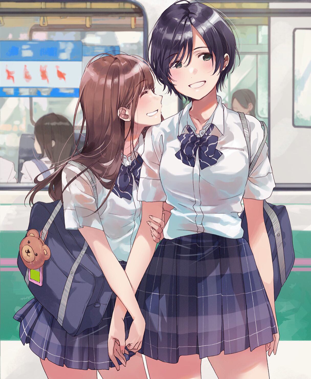 2girls, bag, black_hair, blush, bow, bowtie, brown_hair, collared_shirt