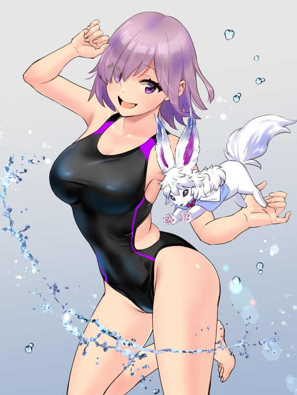 1girl, :d, arm_up, armpits, bare_arms, bare_shoulders, barefoot, black_swimsuit, breasts, commentary_request, competition_swimsuit, creature, fate/grand_order, fate_(series), fou_(fate/grand_order), gradient, gradient_background, hair_over_one_eye, large_breasts, leg_up, looking_at_viewer, mash_kyrielight, one-piece_swimsuit, ooshima_aki, open_mouth, purple_hair, short_hair, sidelocks, smile, swimsuit, thighs, violet_eyes, water