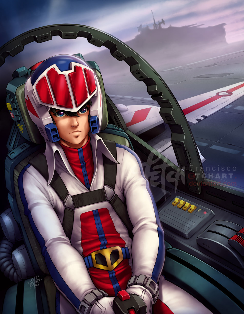 1boy, belt, black_hair, blue_eyes, buttons, canopy, choujikuu_yousai_macross, clouds