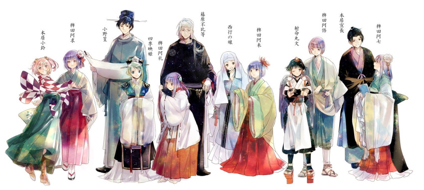 4boys, 6+girls, bell, black_hair, blue_eyes, boots, brown_footwear, checkered