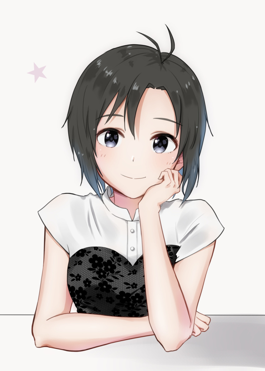 1girl, antenna_hair, black_eyes, black_hair, closed_mouth, dress_shirt, hair_between_eyes, head_rest