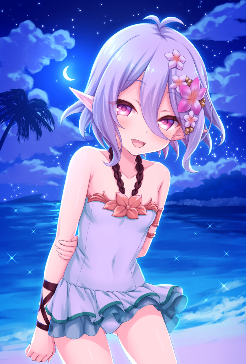 1girl, :d, antenna_hair, ass_visible_through_thighs, bangs, bare_shoulders, blush, breasts