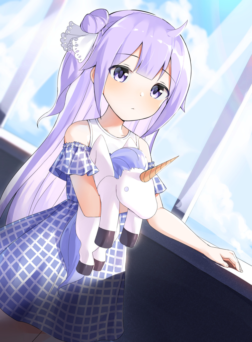 1girl, :/, ahoge, alternate_costume, azur_lane, blue_sky, casual, checkered