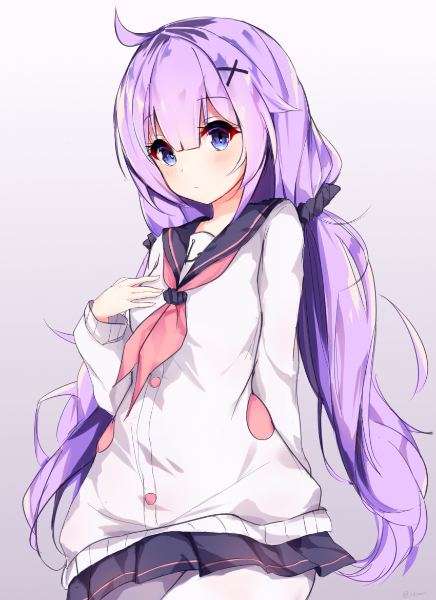 1girl, ahoge, azur_lane, commentary_request, grey_background, hair_ornament, highres, looking_at_viewer