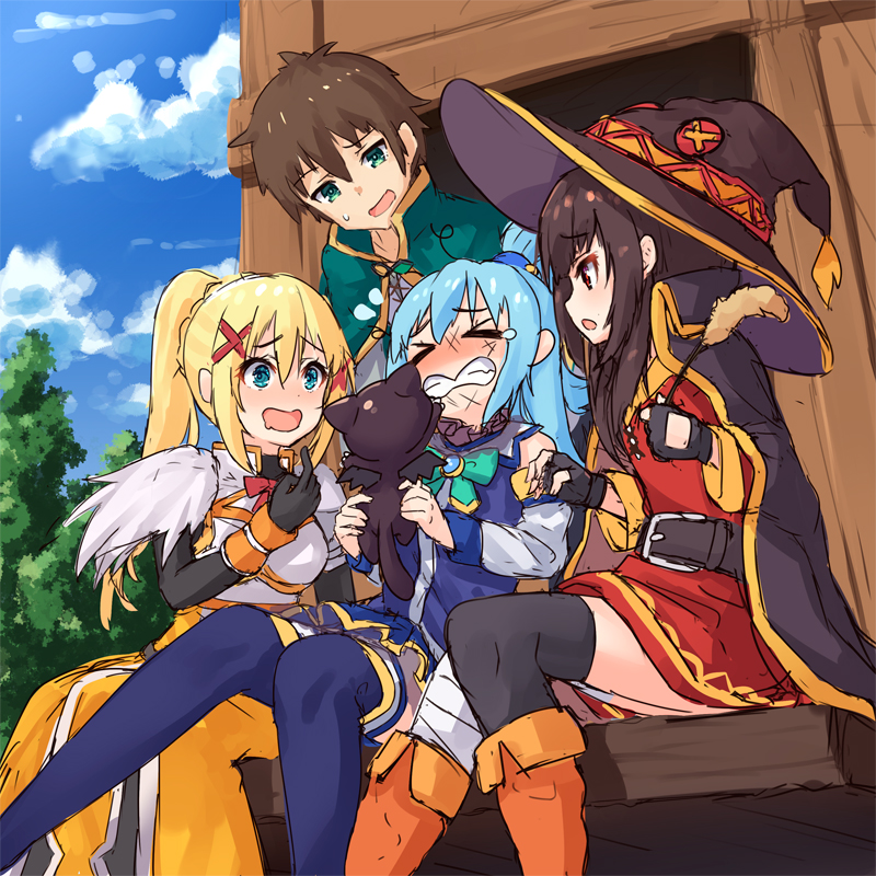 >_>, 1boy, 3girls, aqua_(konosuba), bandaged_leg, bandages, bare_shoulders, belt