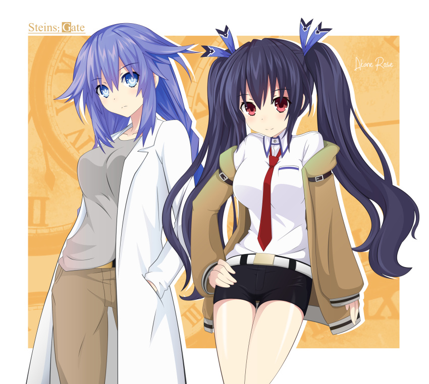2girls, akane_rose, artist_name, belt, between_breasts, black_hair, black_shorts, blue_eyes