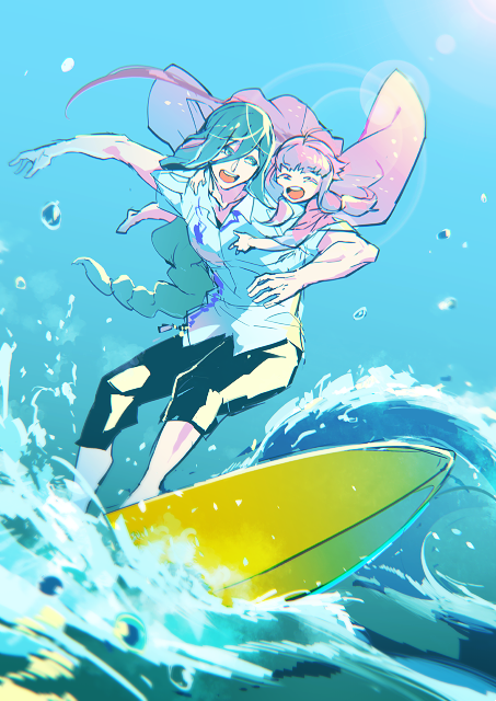 2boys, barefoot, blue_sky, braid, chatan_nakiri, chiyoganemaru, kariyushi_shirt, long_hair