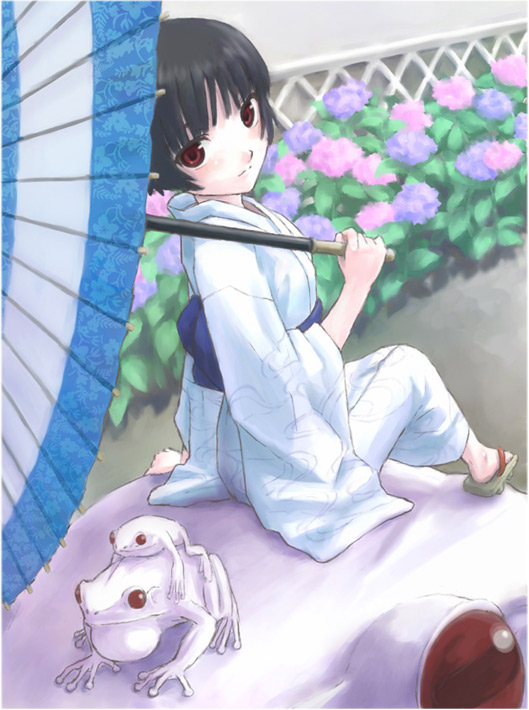 frog, frogs, hydrangea, japanese_clothes, kimono, oriental_umbrella, shimano_natsume, umbrella