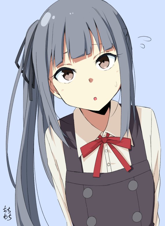 1girl, artist_name, black_ribbon, blue_background, brown_eyes, dress, flying_sweatdrops, grey_hair