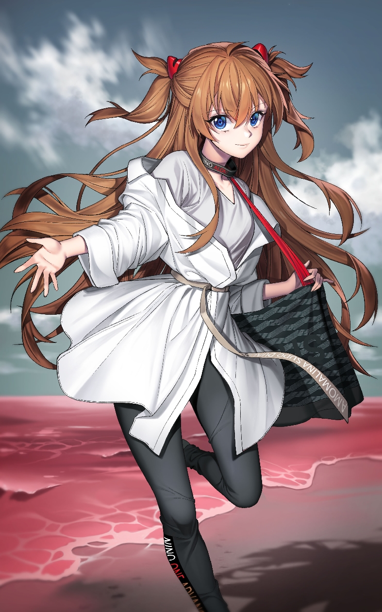 1girl, bag, beach, belt, black_choker, black_pants, blue_eyes, brown_hair
